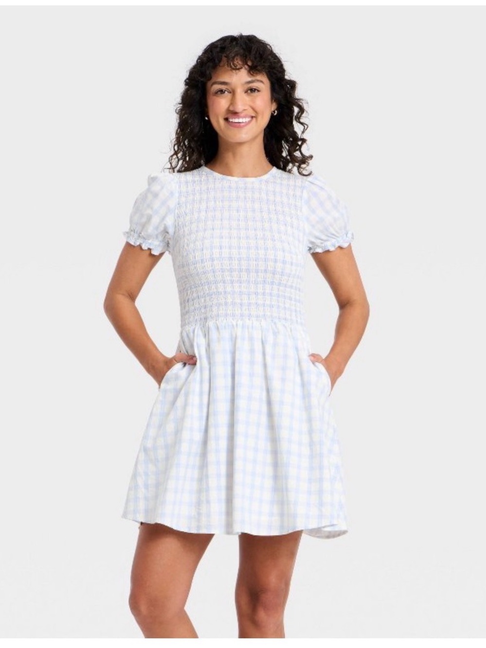 Universal Thread Light Blue and White Gingham puffed sleeve Smocked sundress